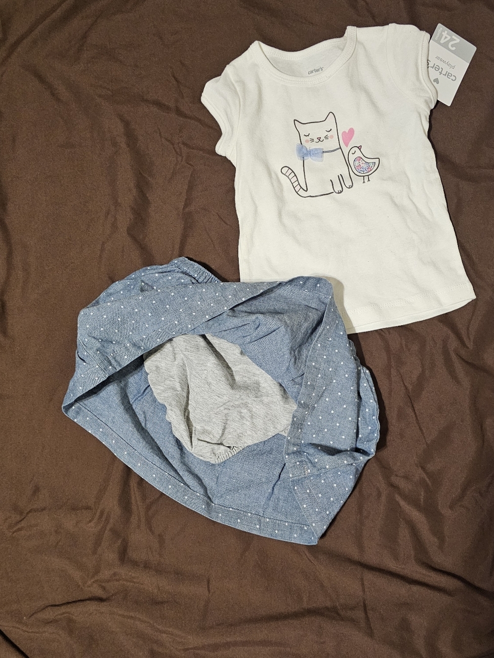 Carter's White Kitty Graphic Tee with Blue Dot Skirt